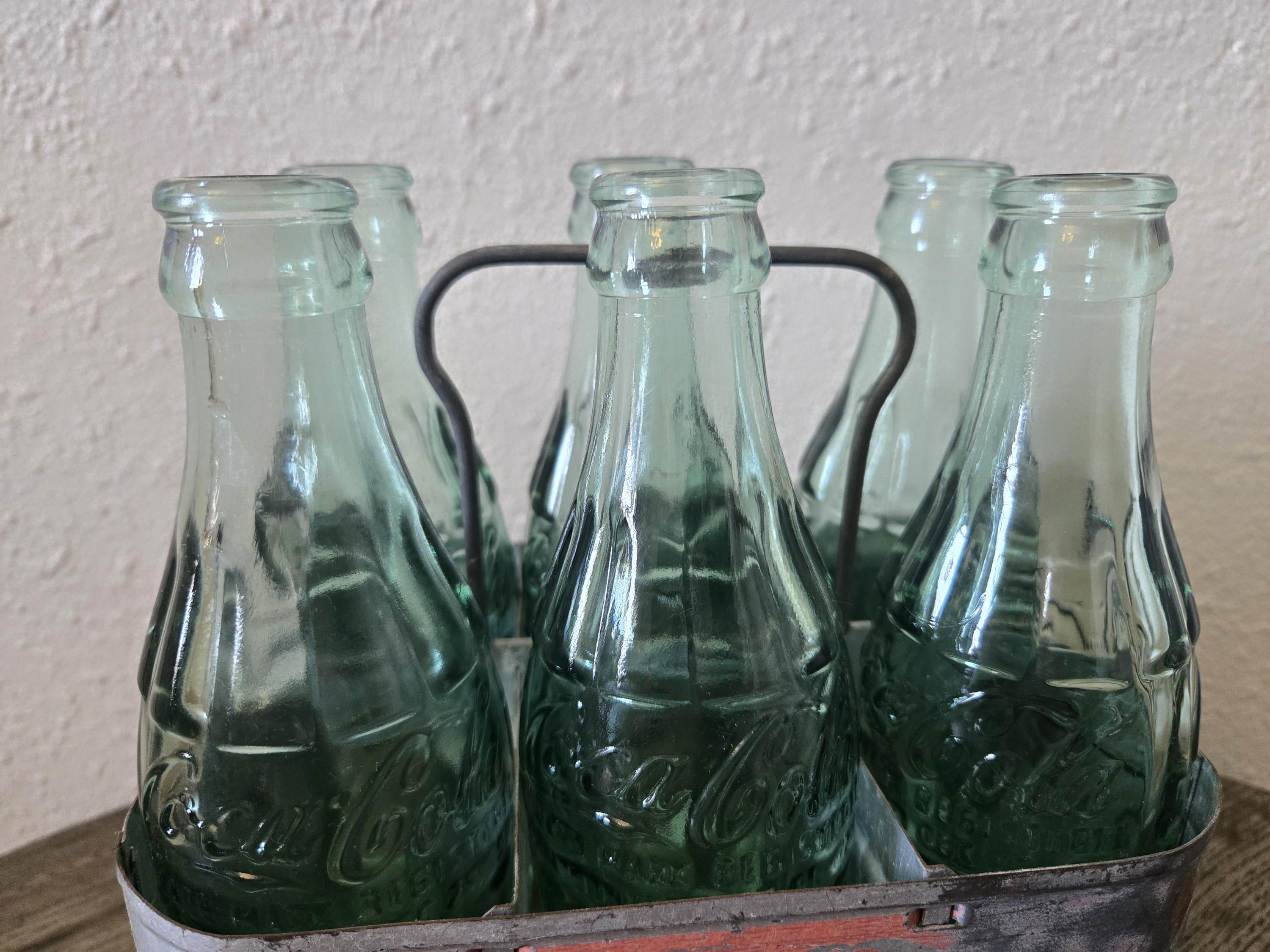 Vintage Coca Cola 6 Bottle Carrier With Glass Bottles, Metal Soda
