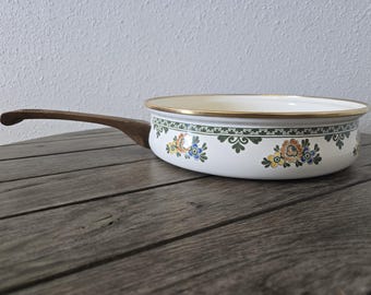 Vintage Asta emaille bloemen Villeroy Boch Old Amsterdam messing handvat 10" koekenpan