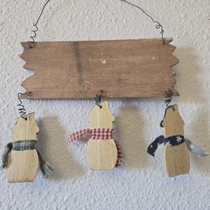 Wood "Let It Snow" Wall Sign w/Three Dangling Snowmen and Scarves 7" Primitive Rustic Winter image 5