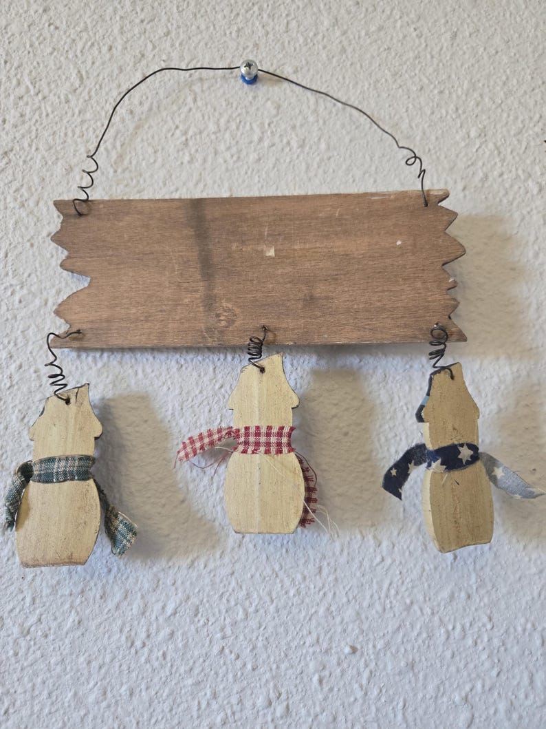 Wood "Let It Snow" Wall Sign w/Three Dangling Snowmen and Scarves 7" Primitive Rustic Winter image 5