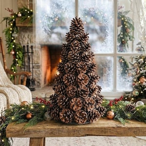 May include: A conical decorative tree constructed from numerous brown pinecones, arranged in a dense, layered pattern. The structure is shaped like a traditional evergreen tree, featuring a pointed top and a wide, circular base made of individual cones.