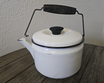 Vintage White Enamelware Lidded Tea Kettle with Black Trim & Wood Handle Farmhouse