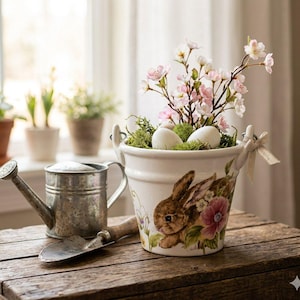 May include: A white ceramic bucket planter featuring a brown rabbit and pink flower illustration, filled with green moss, two white eggs, and pink cherry blossom branches. A small metal watering can and a metal trowel sit beside the bucket.
