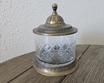 Ornate Vintage Cut Crystal Glass & Brass Powder Jar Apothecary with Lid Vanity Hollywood Regency MCM Victorian