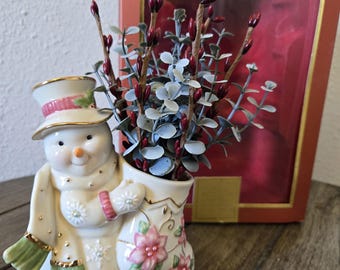 Vintage Lenox For The Holidays Petals And Pearls Snowman Porcelain Bud Vase Figurine Christmas