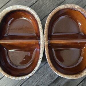 Set Of 2 Divided Oval Serving Dish Hull Oven Proof HP Co. Brown Drip Glaze 11" MCM Rustic