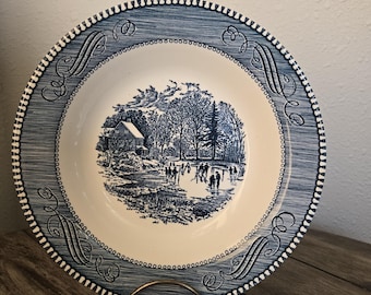 Vintage Royal China Currier & Ives Early Winter 8" Rimmed Soup Bowl Blue and White Colonial