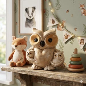 May include: A ceramic owl figurine featuring a large parent owl holding two smaller owlets, finished in a glossy beige glaze. The figurine is displayed on a wooden shelf alongside a plush fox toy and a wooden stacking ring toy.