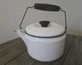 Vintage White Enamelware Lidded Tea Kettle with Black Trim & Wood Handle Farmhouse