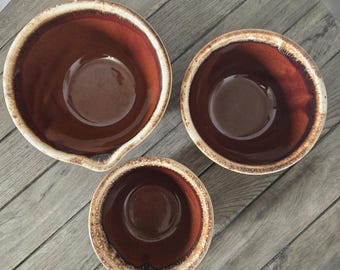 Vintage Hull Pottery Nesting Rührschüssel Set Braun Tropfglasur Steinzeug MCM Primitive Rustikale Bauernhaus