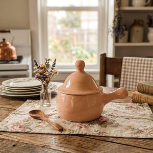 May include: A light peach-colored ceramic pot with a matching lid and a single side handle. The pot sits on a floral patterned fabric placemat alongside a small wooden spoon. The ceramic surface is smooth and features a rounded, bulbous shape.