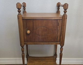 Antique Wooden Smoking Stand Humidor Cabinet Copper Metal Lined Cigar End Table Accent Nightstand 1920s Spindle Parlor Side Furniture
