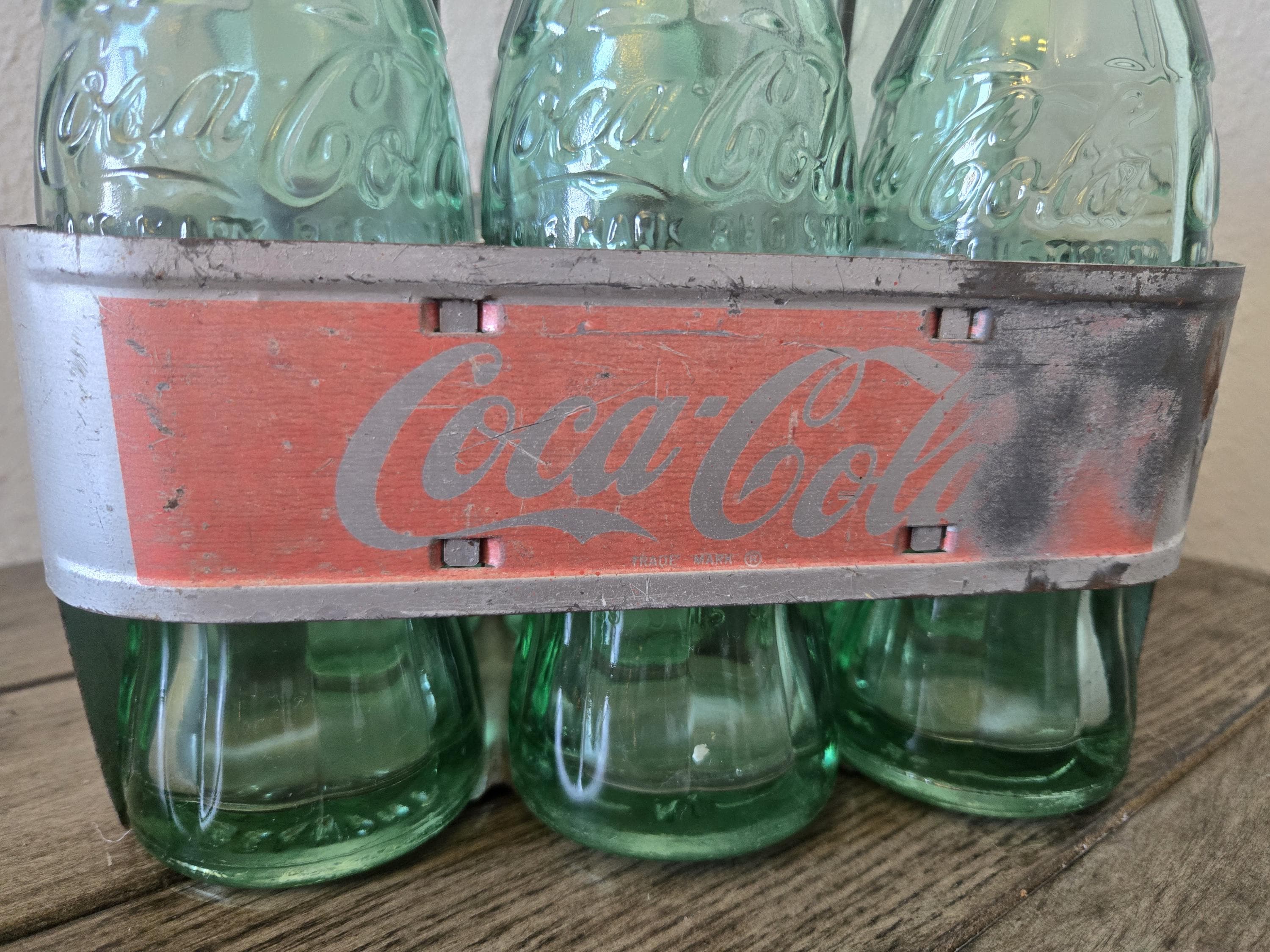 Vintage Coca Cola 6 Bottle Carrier With Glass Bottles, Metal Soda