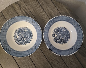 2 cuencos para servir Royal China Currier & Ives Blue Maple Sugaring de 9-1/4" LEER