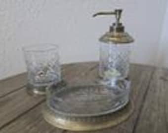 Vintage Brass & Cut Glass 3pc Vanity Bathroom Set Soap Dish Soap/Lotion Dispenser Water Glass Hollywood Regency MCM Retro Victorian