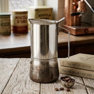 Puede incluir: Una cafetera de acero inoxidable para estufa con una cámara superior cilíndrica pulida y una base metálica oscura y desgastada. La cafetera cuenta con un asa de metal delgada y un pequeño pico, colocada junto a dos libros y una cuchara medidora.