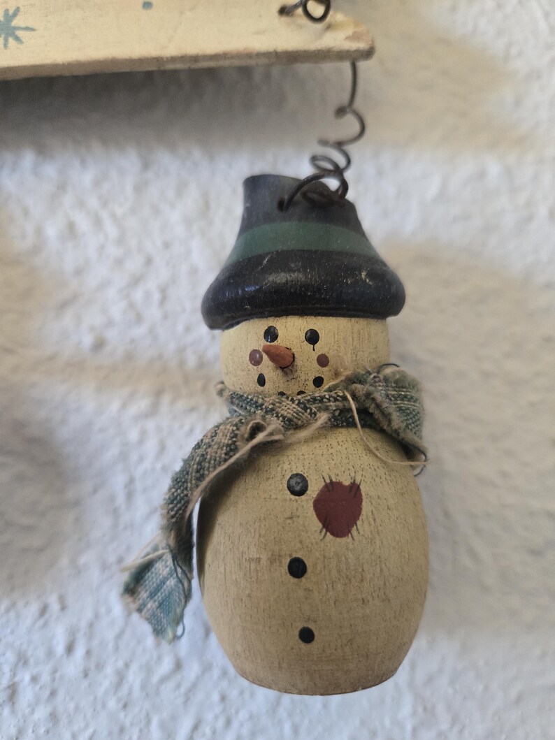 Wood "Let It Snow" Wall Sign w/Three Dangling Snowmen and Scarves 7" Primitive Rustic Winter image 2