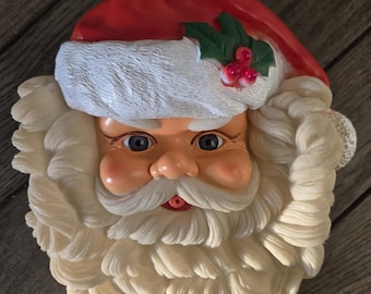 Vintage Santa Claus Head Wall Door Hanging Christmas Blow Mold Works Motion Activated Music