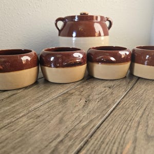 Vintage Brown & Cream Stoneware Double Handle Bean Pot w/4 Matching Bowls Rustic Primitive