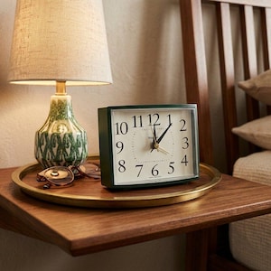 May include: A rectangular dark green analog alarm clock with a white face and black numerals, positioned on a round gold-toned metal tray alongside a pair of brown-rimmed eyeglasses, next to a small lamp with a patterned base and beige shade.