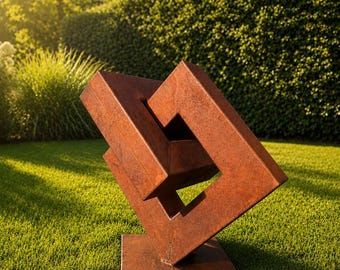 Escultura de jardín moderna de acero - Square Shift | Arte abstracto de metal hecho a mano | Decoración exterior geométrica oxidada