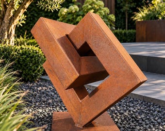 Escultura moderna de acero para jardín – Square Shift | Arte geométrico para exteriores hecho a mano