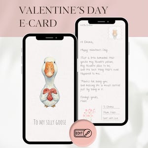 Könnte beinhalten: Valentinstag E-Card-Design mit zwei Smartphones. Eines zeigt eine Gans, die ein Herz hält, mit dem Text „TO MY SILLY GOOSE“. Das andere zeigt eine handschriftliche Nachricht. Der obere Text lautet „VALENTINE'S DAY E-CARD“.