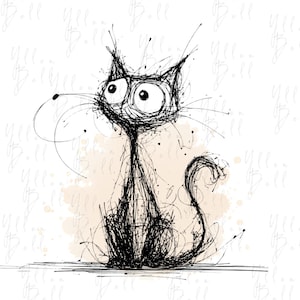May include: A whimsical black cat illustration with large, expressive eyes and a long, curved tail. The artwork features a sketchy, hand-drawn style with ink splatters and a light beige background. The cat is sitting upright, giving the impression of curiosity.