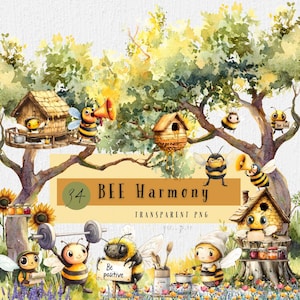 Peut inclure: Illustration à l'aquarelle avec des abeilles dans un cadre forestier fantaisiste. L'image comprend des maisons d'abeilles, des tournesols et des abeilles avec des mégaphones et des panneaux. Le texte sur l'image indique "34 BEE Harmony TRANSPARENT PNG" et "Be positive".