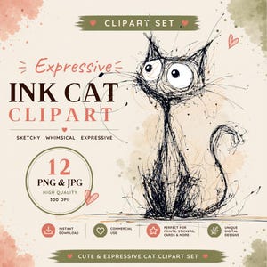 Expressive Ink Cat Clipart Set – Scribble Sketch Cats PNG, Modern Minimalist Cat Art, Commercial Use