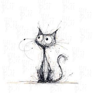 Könnte beinhalten: Eine skurrile Schwarz-Weiß-Federzeichnung einer Katze mit großen, ausdrucksstarken Augen. Die Katze ist in einem lockeren, gekritzelten Stil gezeichnet, was ihr ein verspieltes und leicht chaotisches Aussehen verleiht. Die Katze sitzt aufrecht mit eingerollter Schwanzspitze.