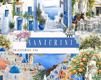 Santorini akvarell clipart-set – Grekiska ö-illustrationer (PNG)