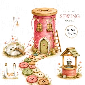May include: A digital illustration titled THE LITTLE SEWING WORLD featuring a pink thread spool house with a wooden door, a ladder, and a button path. Includes a needle lamp, a button bridge, a swing made of safety pins, and a thread spool well.