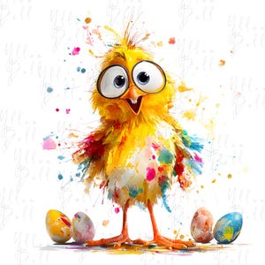 May include: A vibrant illustration of a yellow chick with oversized eyes and an open beak. The chick is decorated with colourful paint splatters, and surrounded by five decorated Easter eggs. The artwork has a watercolour style and a white background.