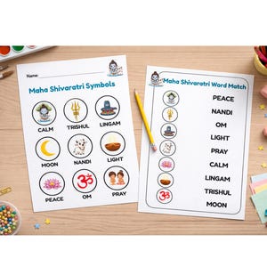 May include: Two white sheets of paper with the text "Maha Shivaratri Symbols" and "Maha Shivaratri Word Match". The sheets feature illustrations of religious symbols and corresponding words. A yellow pencil rests on one sheet. The background is a light brown wooden surface.