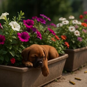 May include: A sleeping brown puppy rests in a rectangular planter box filled with colourful petunias. The flowers are white, pink, red, and orange. Several other planters with flowers are in the background.