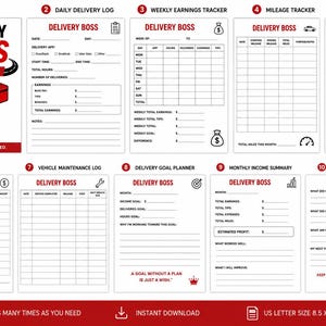 Op de afbeelding: Een tiendelige, printbare Delivery Boss planner-set in zwarte en rode inkt op wit papier. Bevat logboeken voor dagelijkse bezorgingen, wekelijkse inkomsten, kilometerstand, brandstof, uitgaven, voertuigonderhoud, doelen en maandelijkse overzichten.