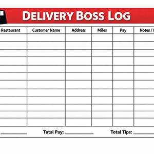 May include: A white delivery log sheet with a red header featuring the text DELIVERY BOSS LOG and a black bag icon. The grid includes columns for Date, Restaurant, Customer Name, Address, Miles, Pay, and Notes, with bottom lines for totals.