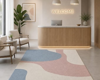 Abstract Pastel Hand Tufted Wool Area Rug, Modern Scandinavian Rug, Blue Pink Cream Living Room Carpet, Contemporary Geometric Floor