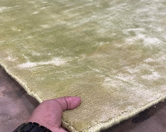 Handwoven Silk Rug – Green Loom Knotted Carpet, Modern Luxury Shiny Area Rug, Custom Size, Living Room Bedroom Decor