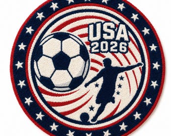 USA 2026 Soccer Rug, Round Hand Tufted Wool Area Rug, Patriotic Football Rug, Red White Blue Sports Decor, Custom Gift