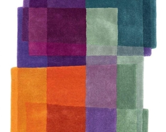 Hand Tufted Wool Area Rug, Modern Abstract Geometric Rug, Color Block Contemporary Carpet, Purple Orange Teal Living Room Rug, Designer