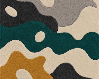 Modern Abstract Hand Tufted Wool Rug, Contemporary Area Rug, Luxury Geometric Carpet, Teal Grey Ivory Rug, Custom Size Rug