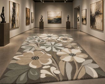 Hand Tufted Floral Wool Area Rug, Modern Flower Design Rug, Beige Gray Botanical Carpet, Contemporary Living Room Rug, Handmade Statement