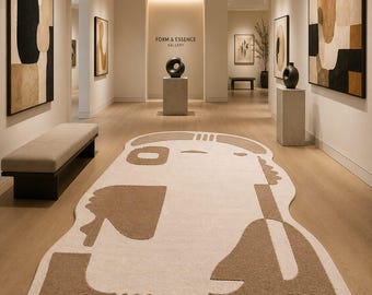 Hand Tufted Abstract Face Rug, Modern Scandinavian Area Rug, Organic Shape Wool Carpet, Neutral Beige Contemporary Rug, Artistic Living Room