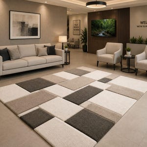 Modern Geometric Hand Tufted Wool Rug, Neutral Beige Cream Gray Area Rug, Luxury Abstract Patchwork Rug, Contemporary Living Room Carpet