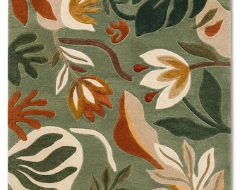Hand Tufted Wool Area Rug, Botanical Floral Rug, Sage Green Modern Rug, Luxury Handmade Living Room Carpet, Custom Size Rug
