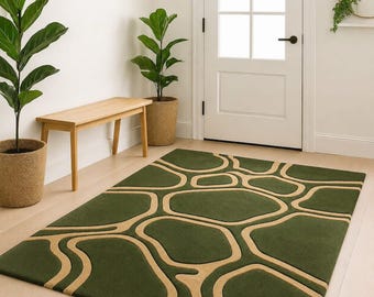 Hand Tufted Wool Area Rug, Green Abstract Modern Rug, Organic Line Pattern Carpet, Contemporary Living Room Rug, Luxury Handmade Wool Rug