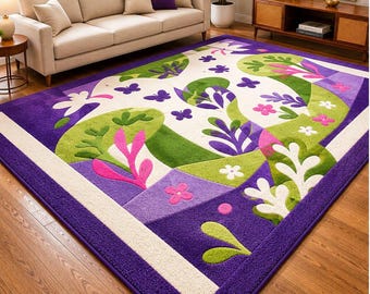 Purple Floral Abstract Hand Tufted Wool Rug, Modern Botanical Area Rug, Contemporary Flower Living Room Carpet, Colorful Handmade Wool Rug