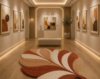 Hand Tufted Wool Leaf Rug, Organic Abstract Area Rug, Modern Scandinavian Carpet, Beige Terracotta Cream Rug, Artistic Statement Rug